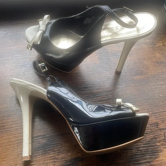 Guess | Shoes | Guess Sling Open Toe Black And Cream Color Dress Shoes |  Poshmark